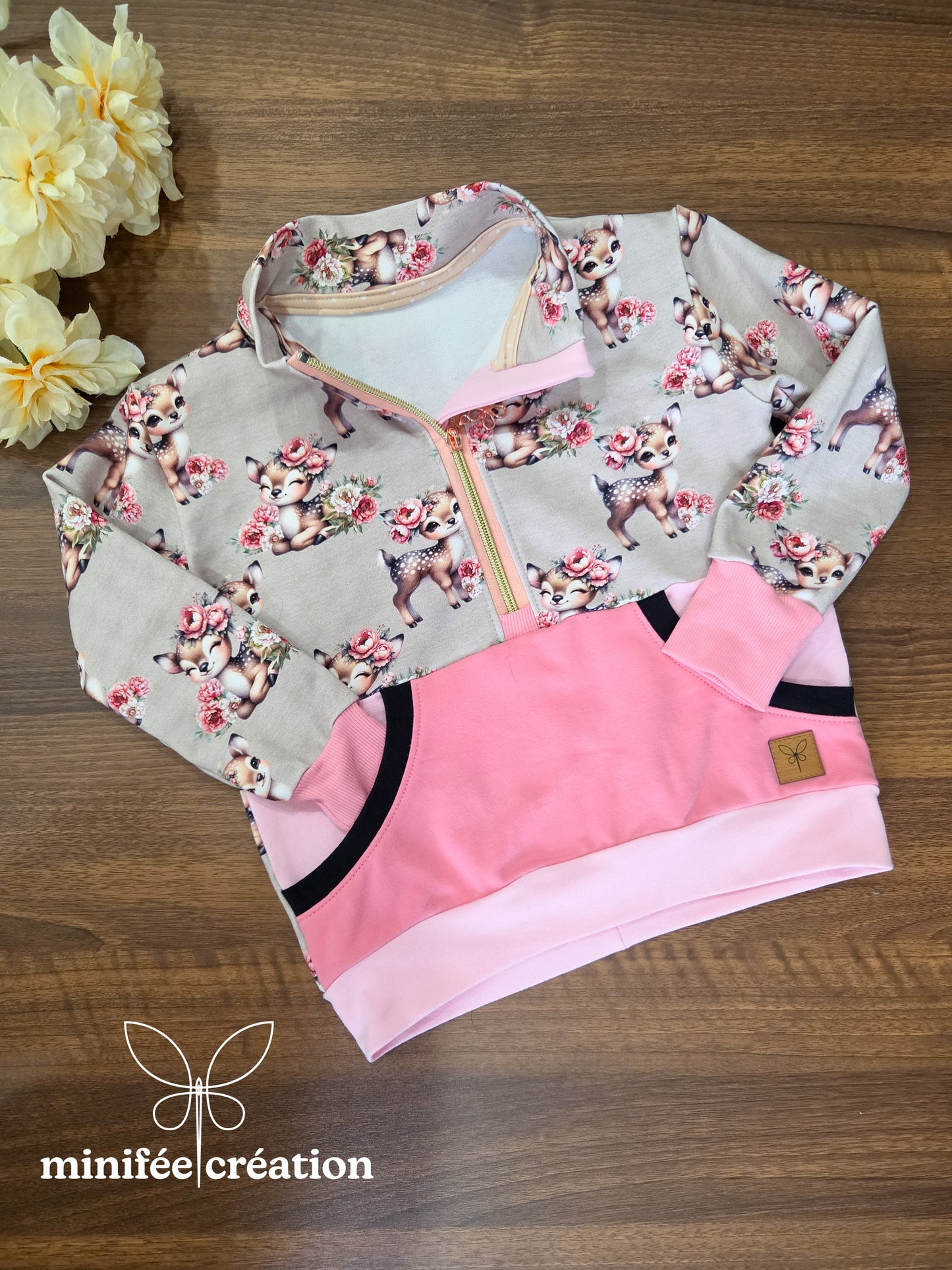 Chandail demi-zip | bambis fleuris | 18m-3 ans