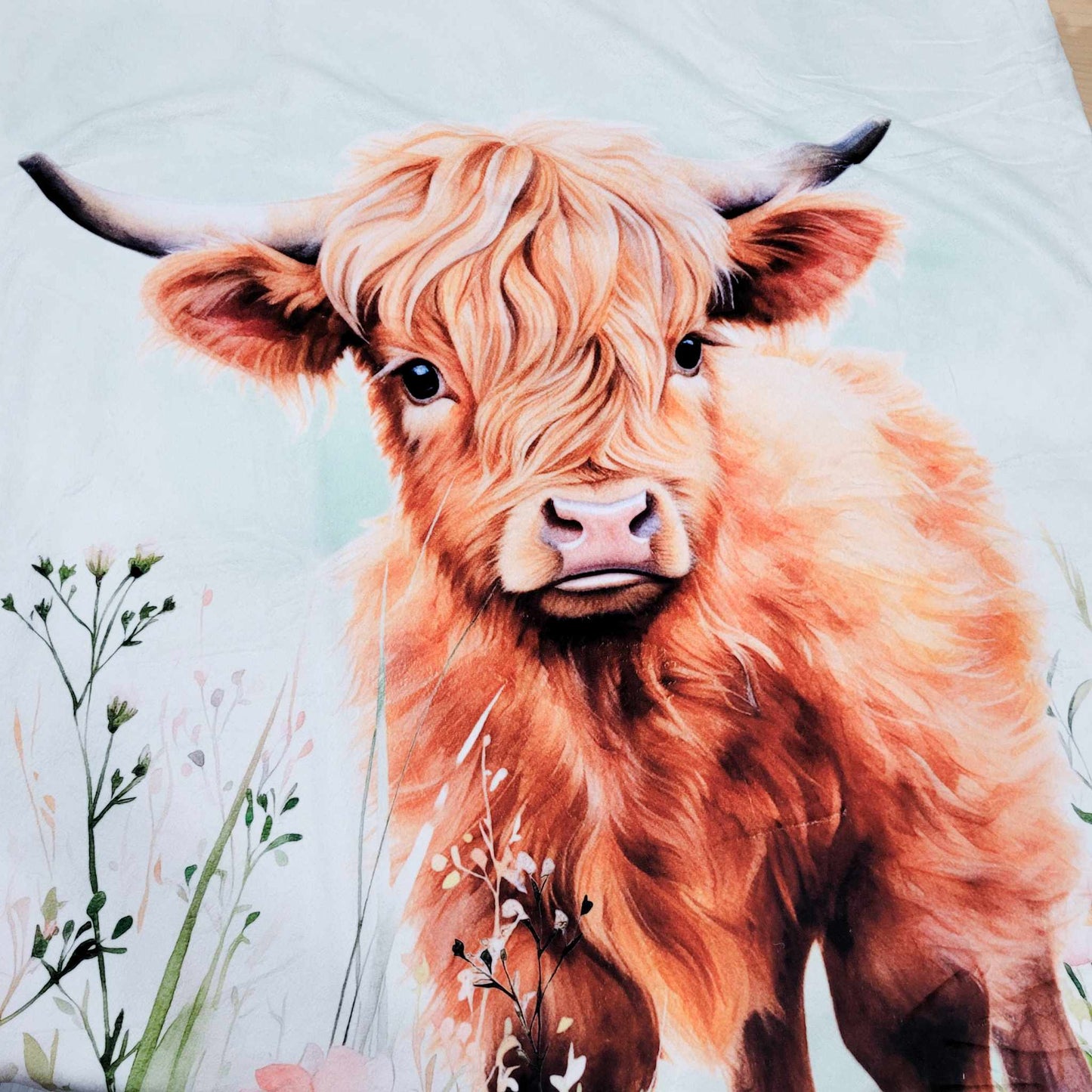 Doudou minky | Vaches Highland sur fond vert tendre
