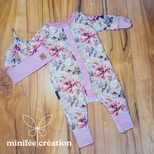 Romper fleurs | 6-9 mois, 2 ans | Fleurs vieux rose